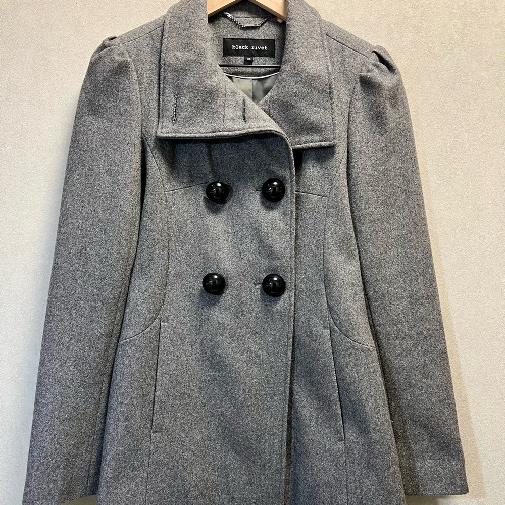 Black Rivet Charcoal Double-Breasted Pea Coat